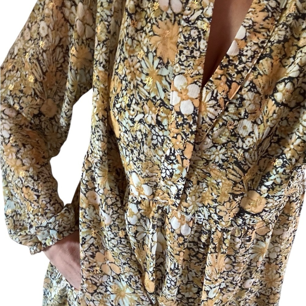 Kori Floral Boho Gold Button-Down Women's Dress w pockets large - Picture 3 of 5